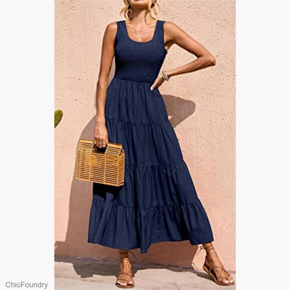 Women's Smocked Tank Maxi Dress Tiered Casual Sleeveless Spring Beach - Picture 5 of 7